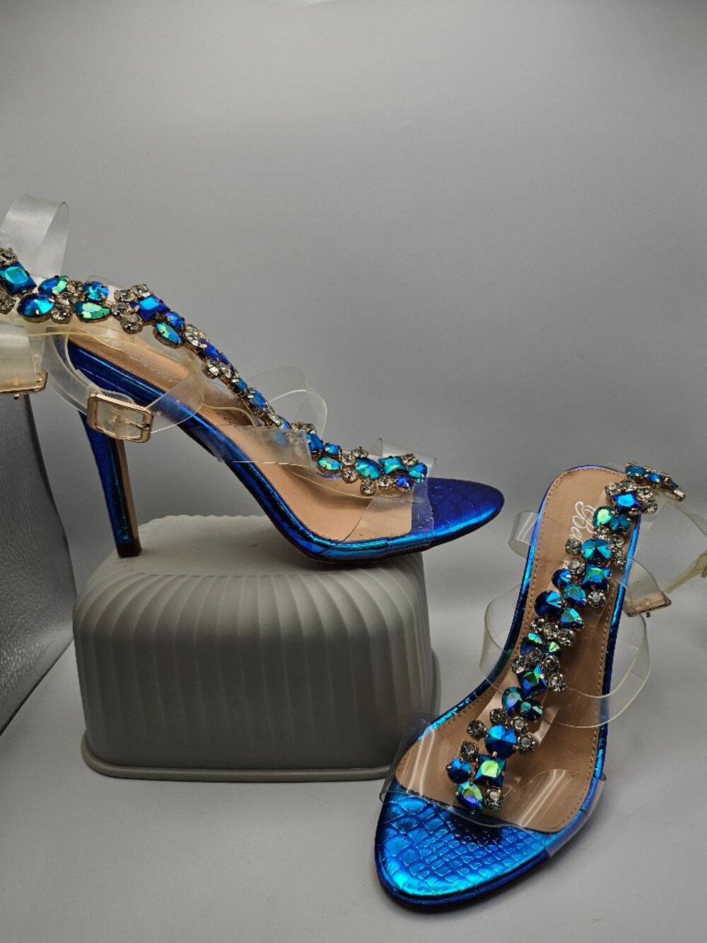 Bella Luna Blue Metallic Snakeskin Rhinestone Stiletto Sandals – Size 6.5